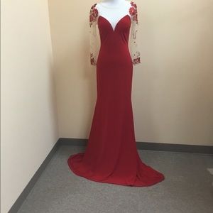 Long red dress with shear long sleeves